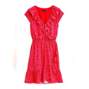 J Crew Red Pink Floral Tossed‎ Bouquet Ruffle Dress Faux Wrap V Neck Sz 6